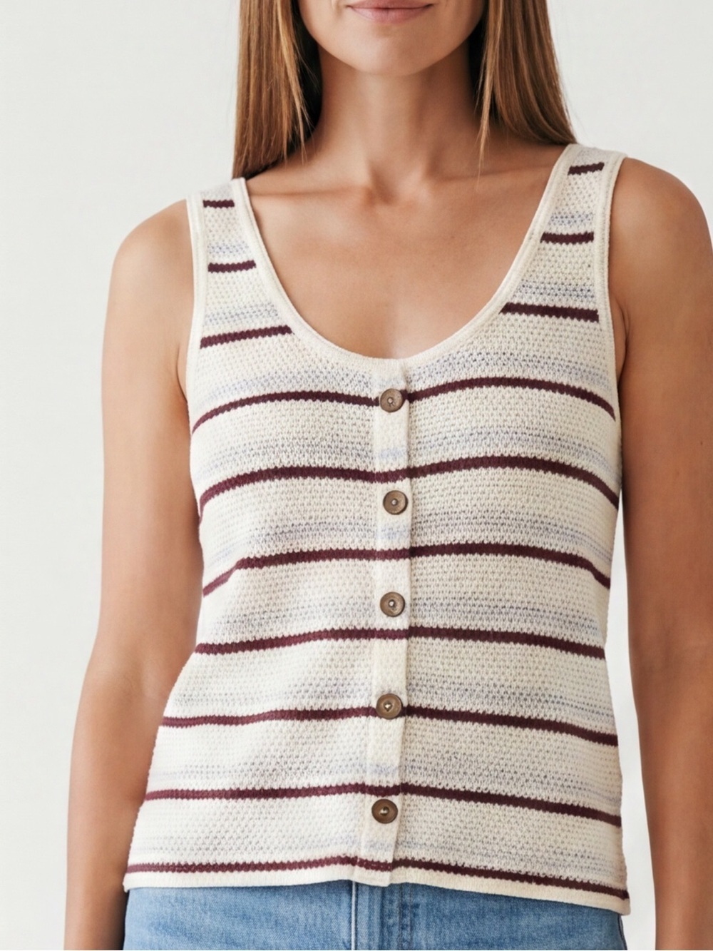 70s style Cream Maroon Waffle knit striped tank top cottagecore coastal Grandma